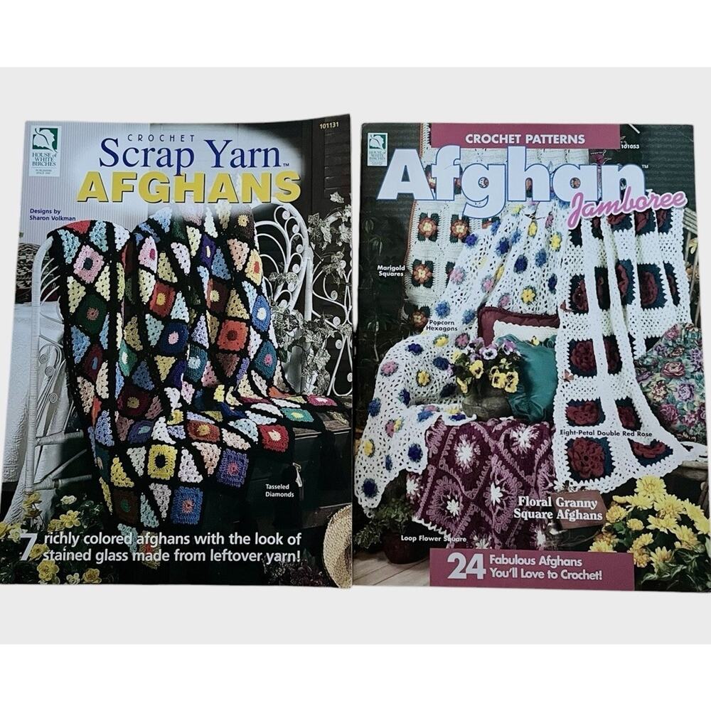 House of White Birches AFGHANS Pattern Leaflet Instructions Lot 2 Granny‎ Square